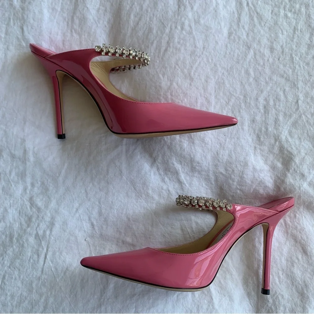 Jimmy Choo Bing 100 Shiny Patent Leather Crystal Stiletto Heels Bubble Pink - Picture 8 of 16